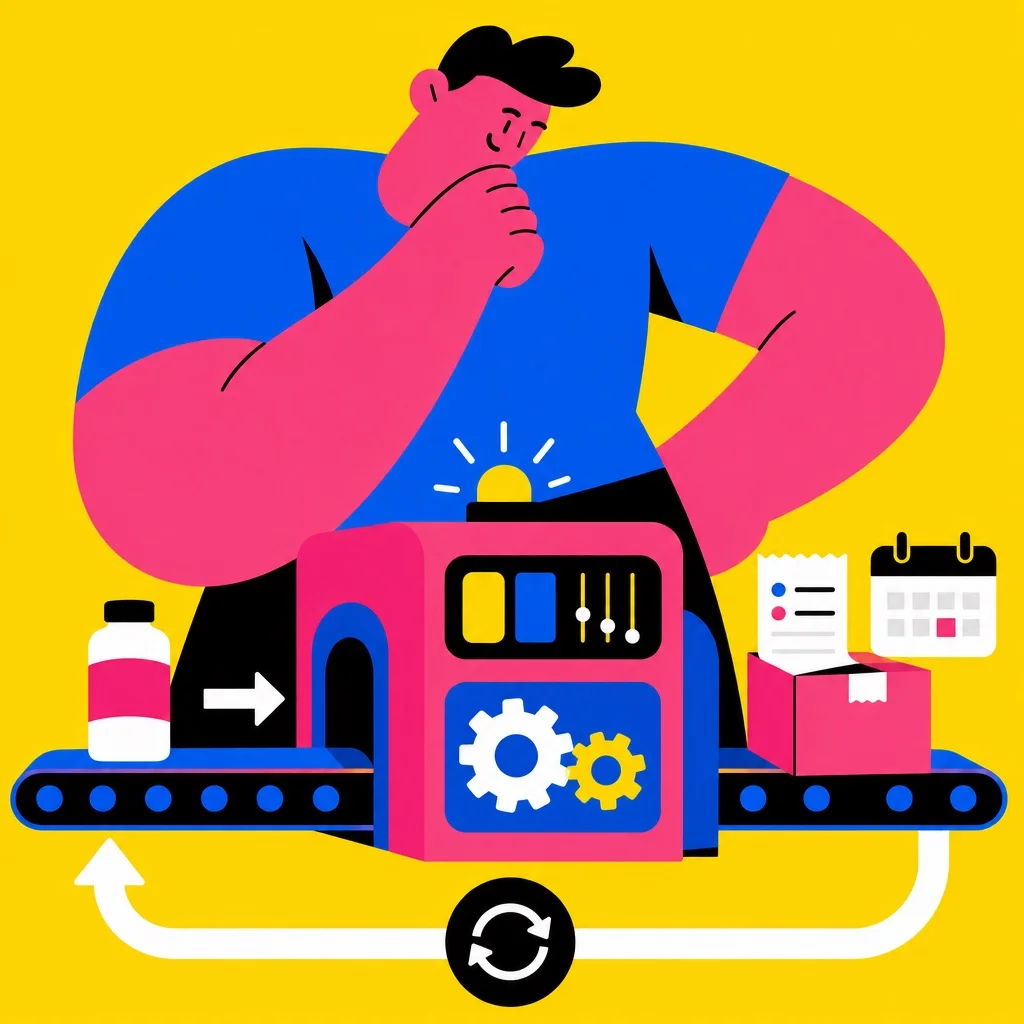 Bold illustration of a chunky abstract figure carefully examining a product, thinking, with a question mark and a subscription box floating nearby on a bright yellow background
