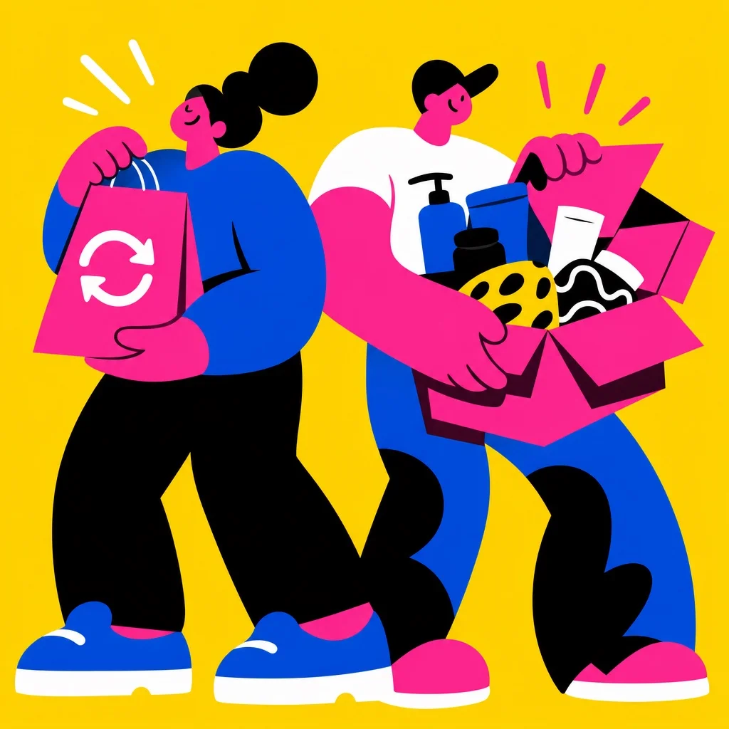 Bold illustration of two chunky abstract figures side by side — one holding a subscribe and save product bag, one excitedly opening a curated mystery box — on a bright yellow background