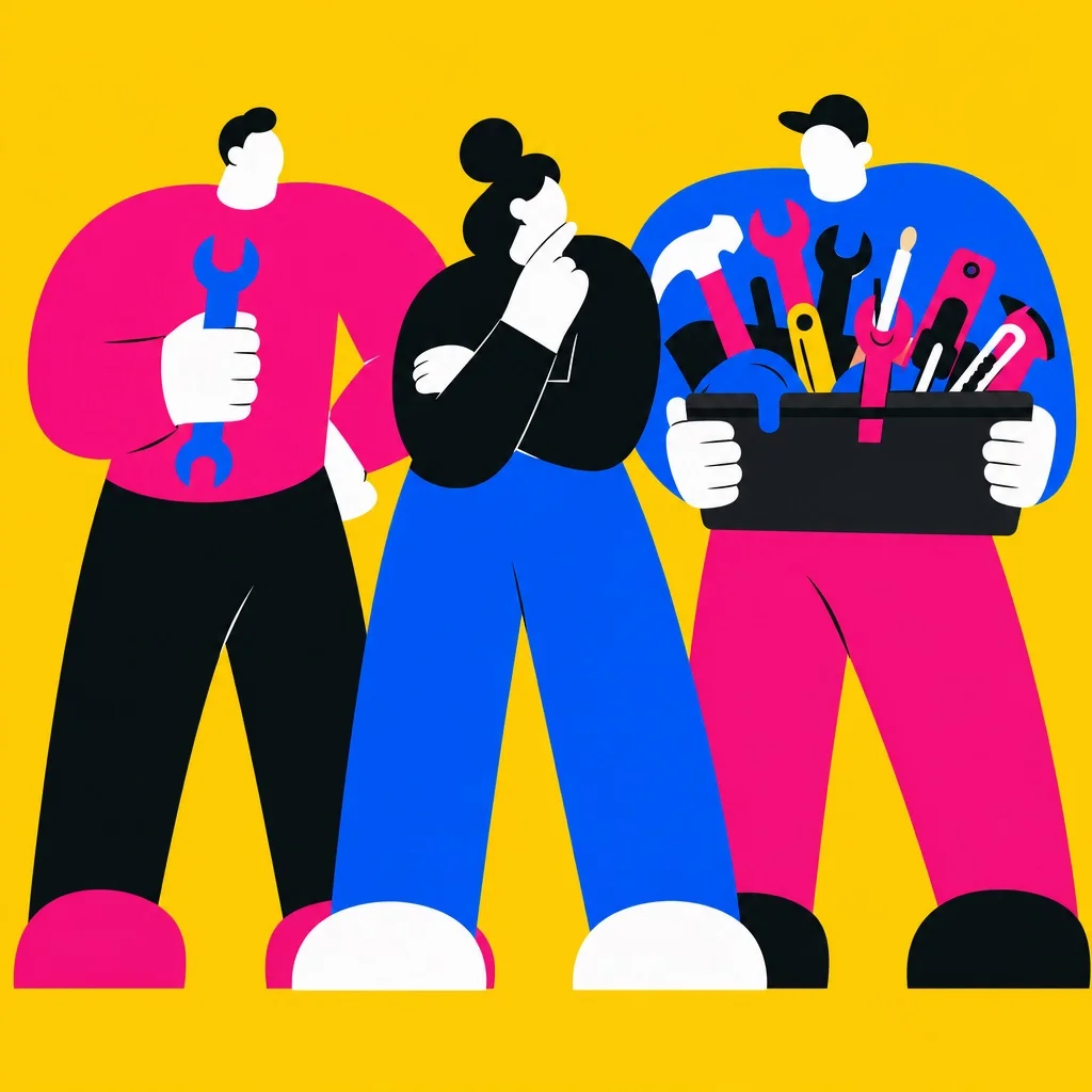 Bold illustration of two chunky abstract figures side by side — the left holds a single basic wrench, the right holds an overflowing toolkit — with a subscriber figure standing between them — bright yellow background