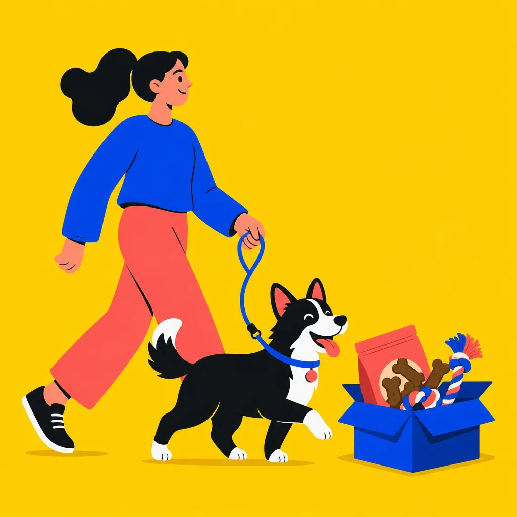 An overhead flatlay on white marble of a pet subscription box open with premium dog treats, a colorful cat toy, a small supplement jar, and a rope chew arranged around it — soft natural window light, playful editorial photography, no brand names