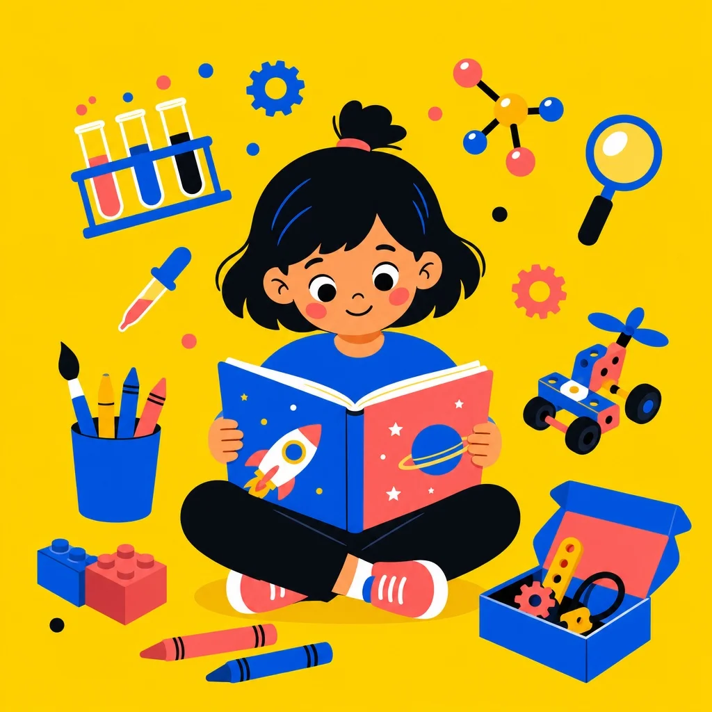 An overhead flatlay on white marble of a kids subscription box open with a picture book, a small STEM building kit in a bag, crayons, and colorful art supplies arranged around it — soft natural window light, playful and aspirational, no brand names