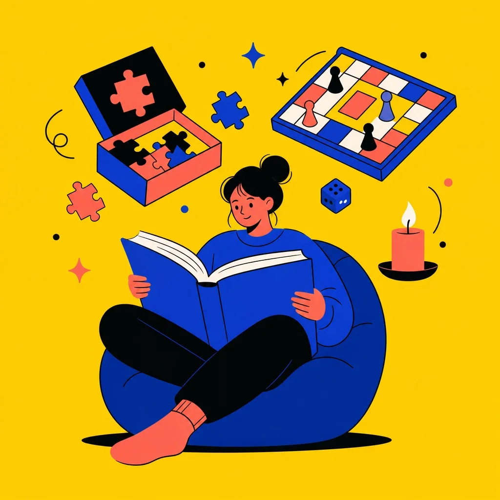An overhead flatlay on white marble of a books and entertainment subscription box open with a hardcover novel, a small candle, a bookmark, and a puzzle box beside it — soft natural window light, cozy editorial photography, no brand names