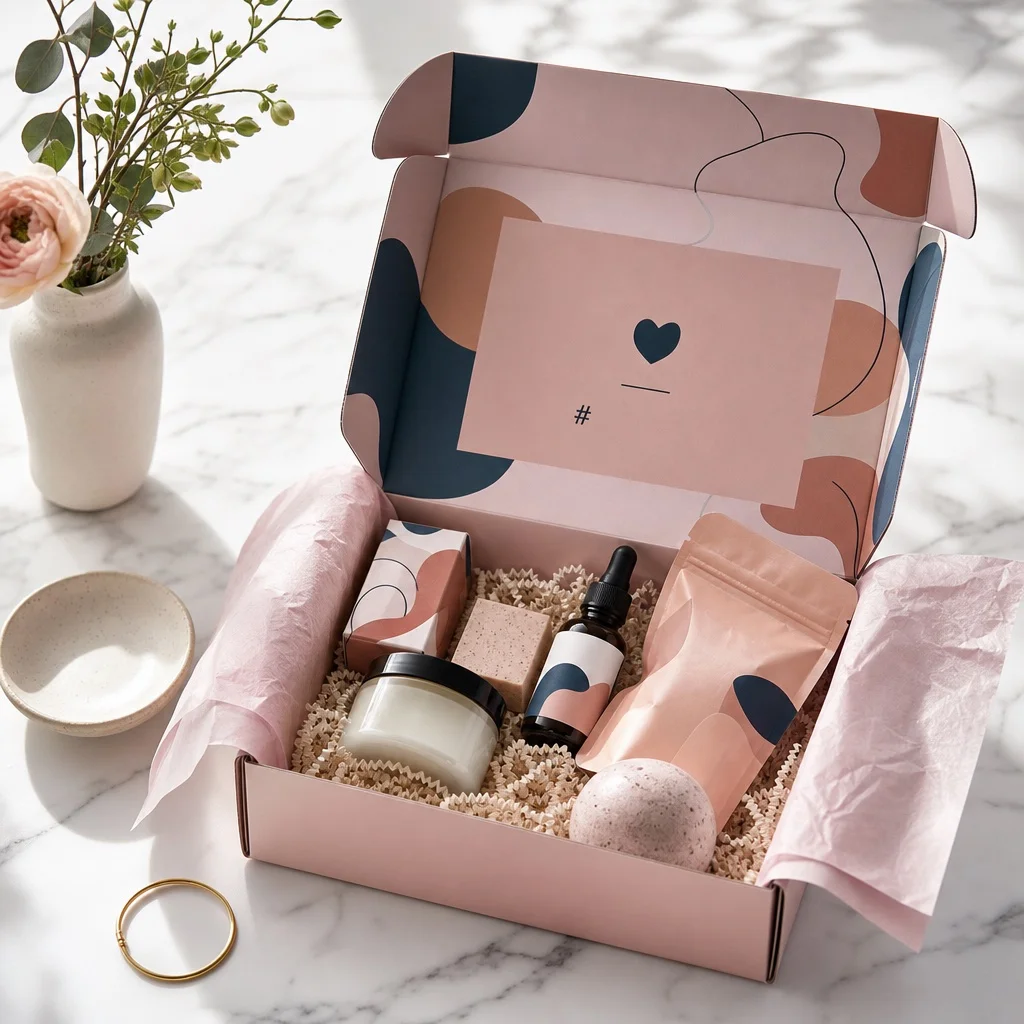 A beautifully arranged subscription box open on white marble, products in pastel tissue paper with a branded insert card visible showing a social handle and hashtag, soft natural overhead window light, no brand names