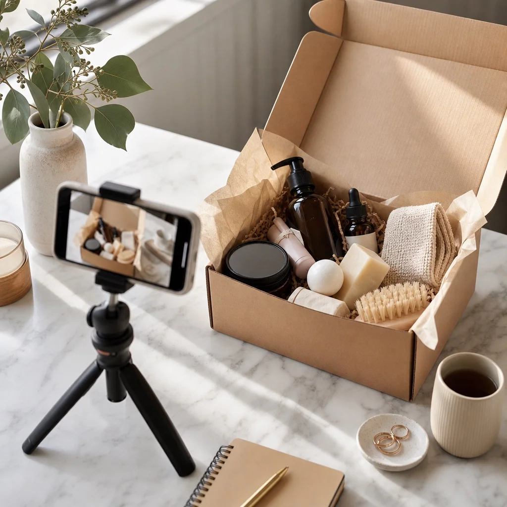 A lifestyle flatlay of a subscription box open beside a smartphone on a small tripod set up to film an unboxing, products artfully arranged on white marble, soft natural window light, aspirational editorial photography, no brand names