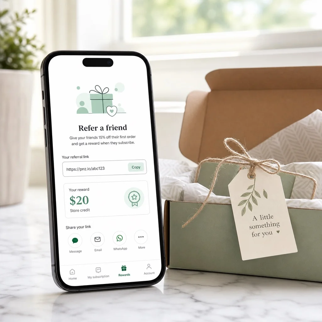A smartphone on white marble showing a clean subscription referral program screen with a referral link and a bonus reward displayed, beside a small open subscription box with a gift tag, soft natural window light, no brand names