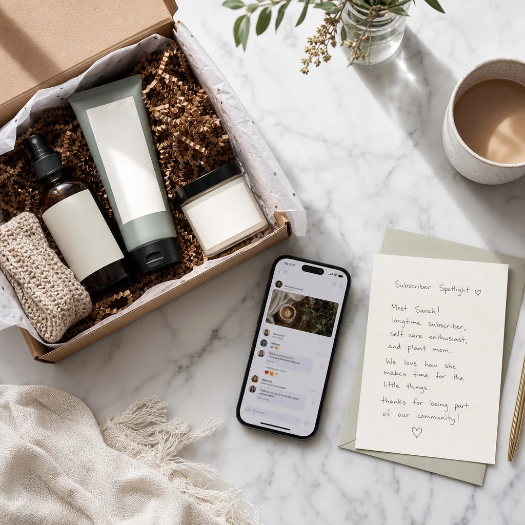 A flatlay on white marble of community subscription box elements — an open box with products, a phone showing a private group with subscriber comments, and a handwritten community spotlight card, soft natural window light, no brand names