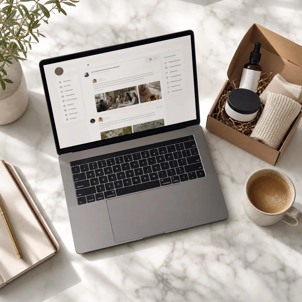 An overhead flatlay on white marble of a subscription merchant's laptop showing a niche community forum thread, beside a subscription box and a cup of coffee, soft natural window light, editorial photography, no brand names