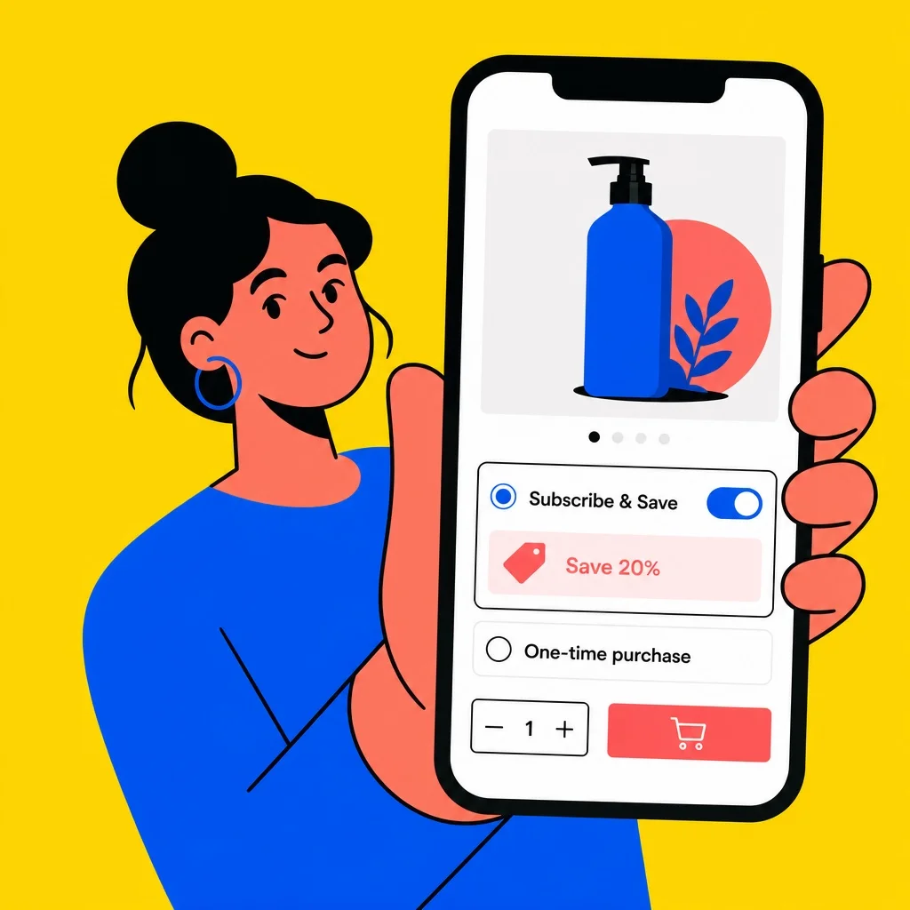 A smartphone lying flat on white marble showing a clean mobile subscription product page with a large subscribe toggle, a visible savings callout, and a brief FAQ section all visible without scrolling — soft natural window light, no brand names