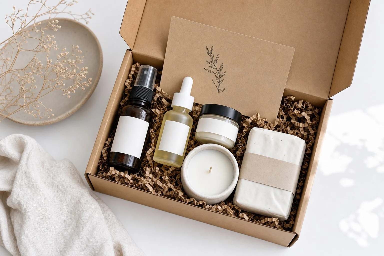 Open subscription bundle box with curated skincare and candle products arranged inside on a white surface