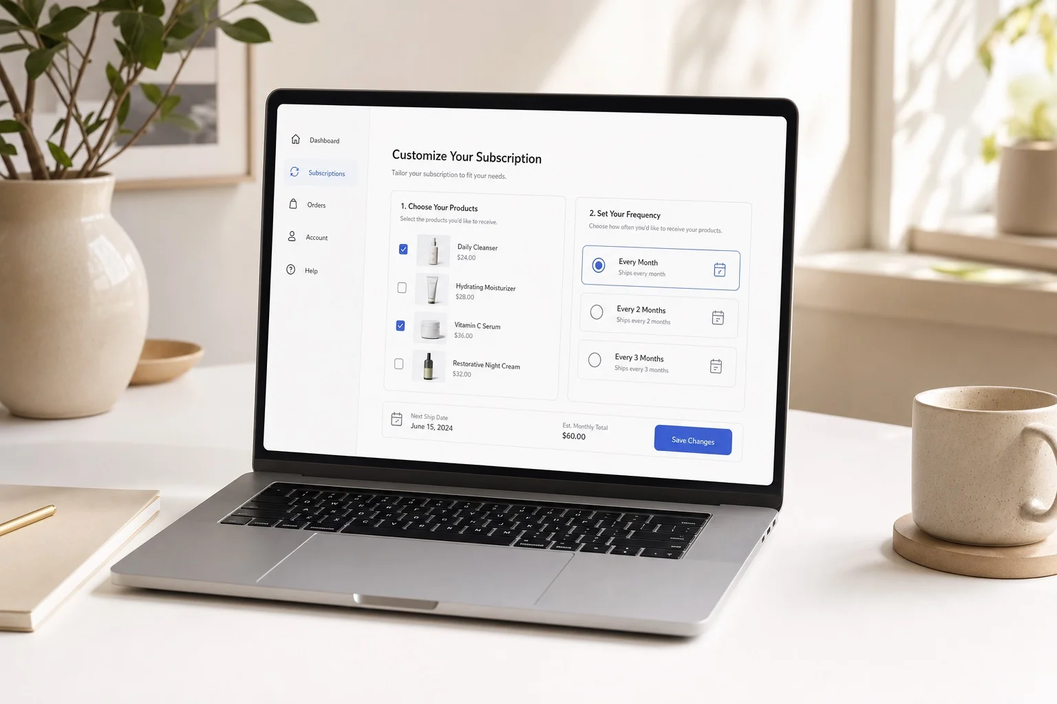 Shopify merchant configuring subscription bundle products and delivery frequency options in an app dashboard