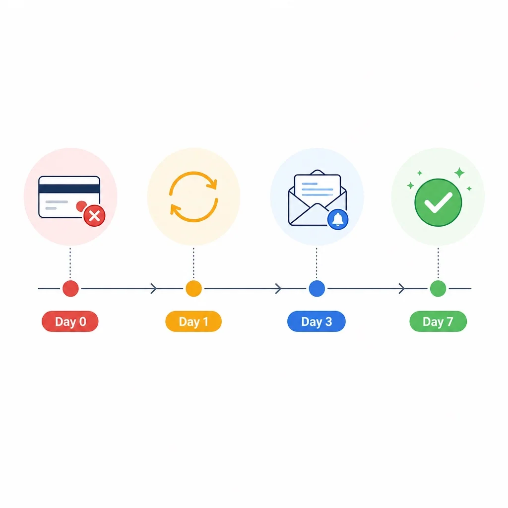 A visual timeline showing a dunning sequence — day 0 failure, day 1 retry, day 3 email notification, day 7 final attempt, with recovery arrows