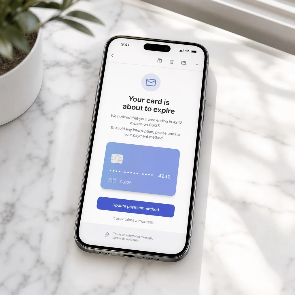 A smartphone lying flat on white marble showing a clean email notification about an expiring card with a prominent "Update payment method" button, soft natural light, no brand names