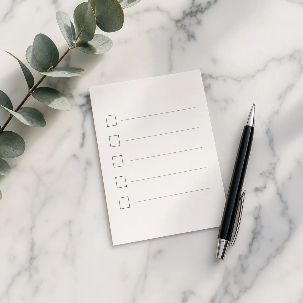 An overhead flatlay showing a small printed checklist card with five blank checkbox lines and a ballpoint pen resting beside it on white marble, sprig of eucalyptus, soft natural window light, no readable text