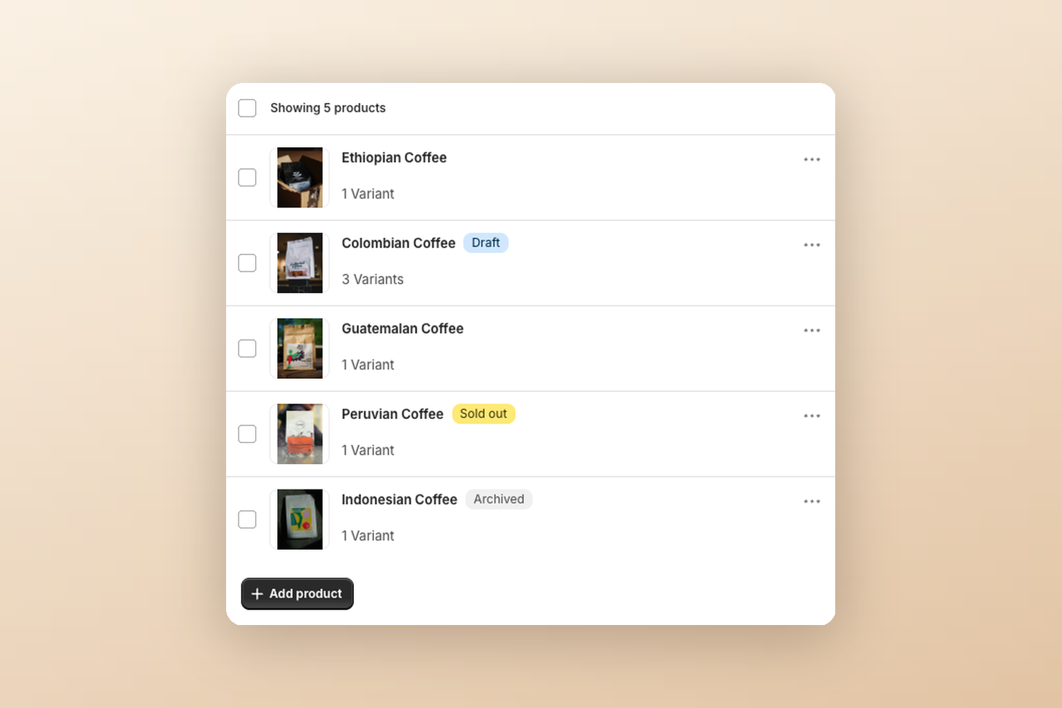 A subscription group product list with Draft, Sold out and Archived badges