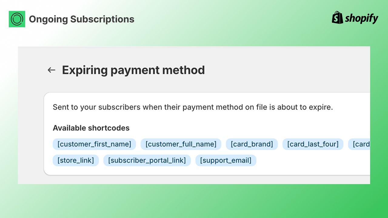 Email template settings for the expiring payment method notification, showing available shortcodes for personalization