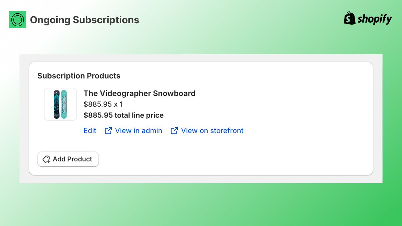 Subscription Products card showing Edit, View in admin, and View on storefront links inline under each line item